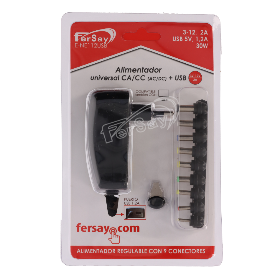 Alimentador Universal Fersay con puerto USB, 2A - ENE112USB - FERSAY