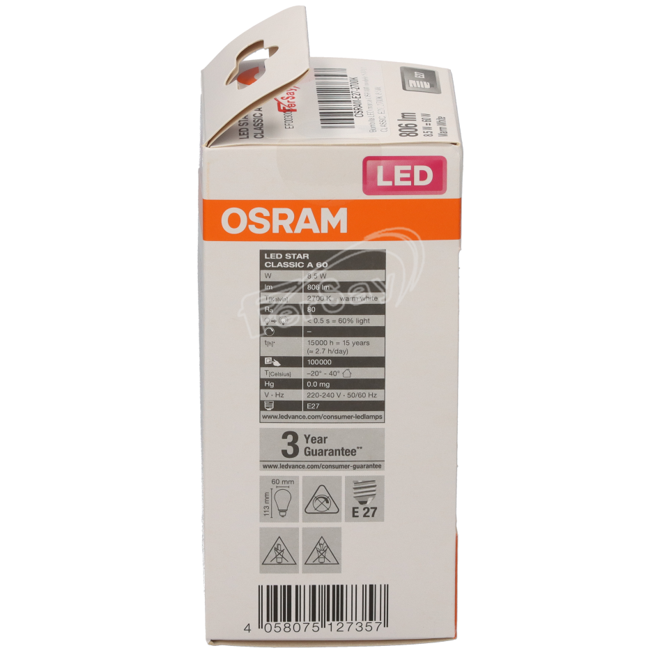 Bombilla LED marca OSRAM,modelo STAR CLASSIC,  E27, 2700K, 8.5W, - OSRAME272700K - OSRAM - Cenital 2