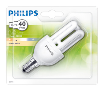 Bombilla tubo bajo consumo Philips 8W E14 calida - PHCFLGENIE8WE14 - PHILIPS
