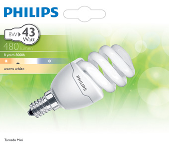 Bombilla espiral mini bajo consumo Philips 8W E14 - PHCFLTORNAD8WE14MI - PHILIPS